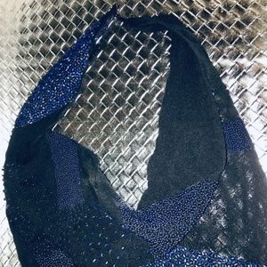 MM Lafleur Scarf Necklace 100% Silk Black & Navy